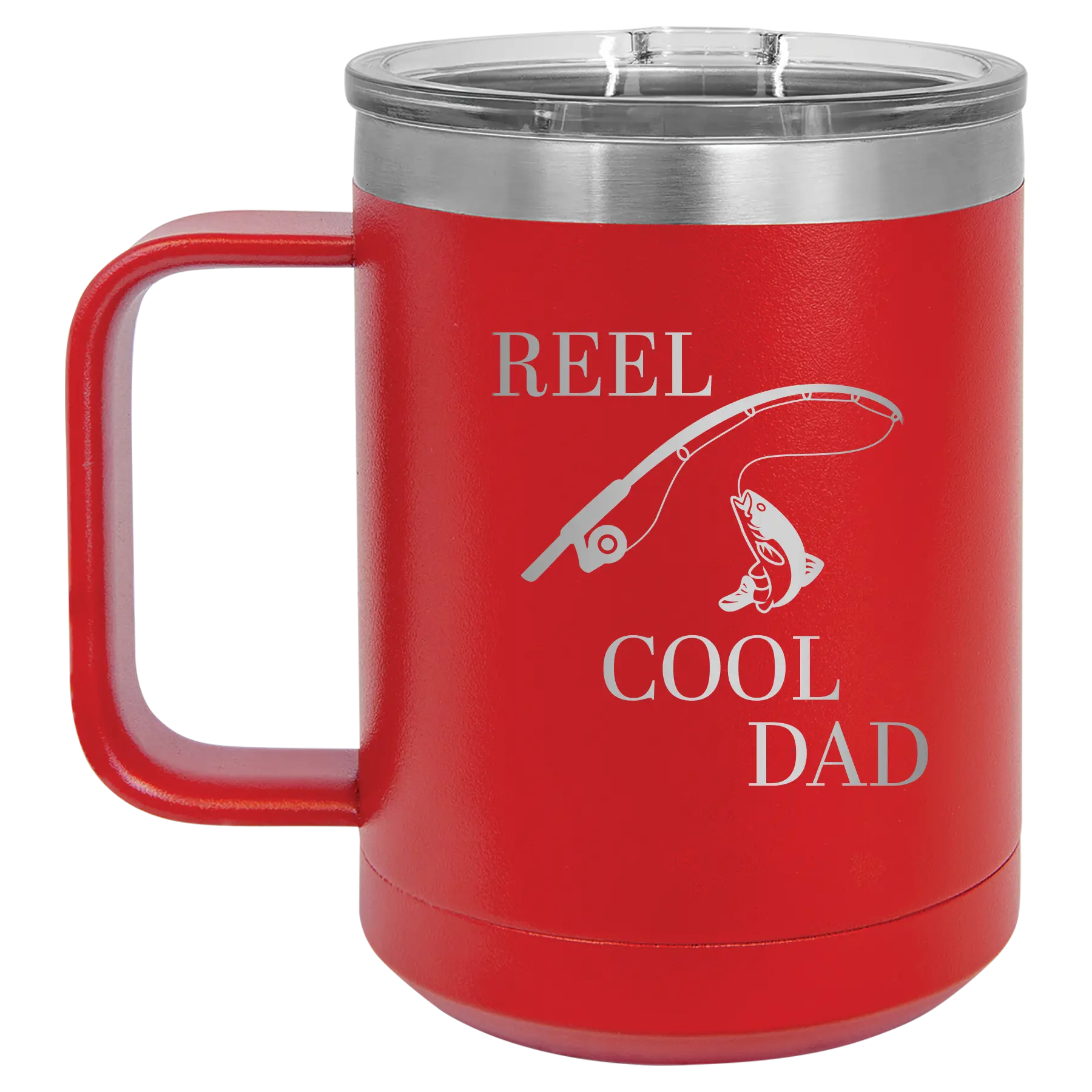 Personalized red 15 oz vacuum insulated coffee mug with etched 'Reel Cool Dad' design