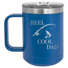 Personalized royal blue 15 oz vacuum insulated coffee mug with etched 'Reel Cool Dad' design