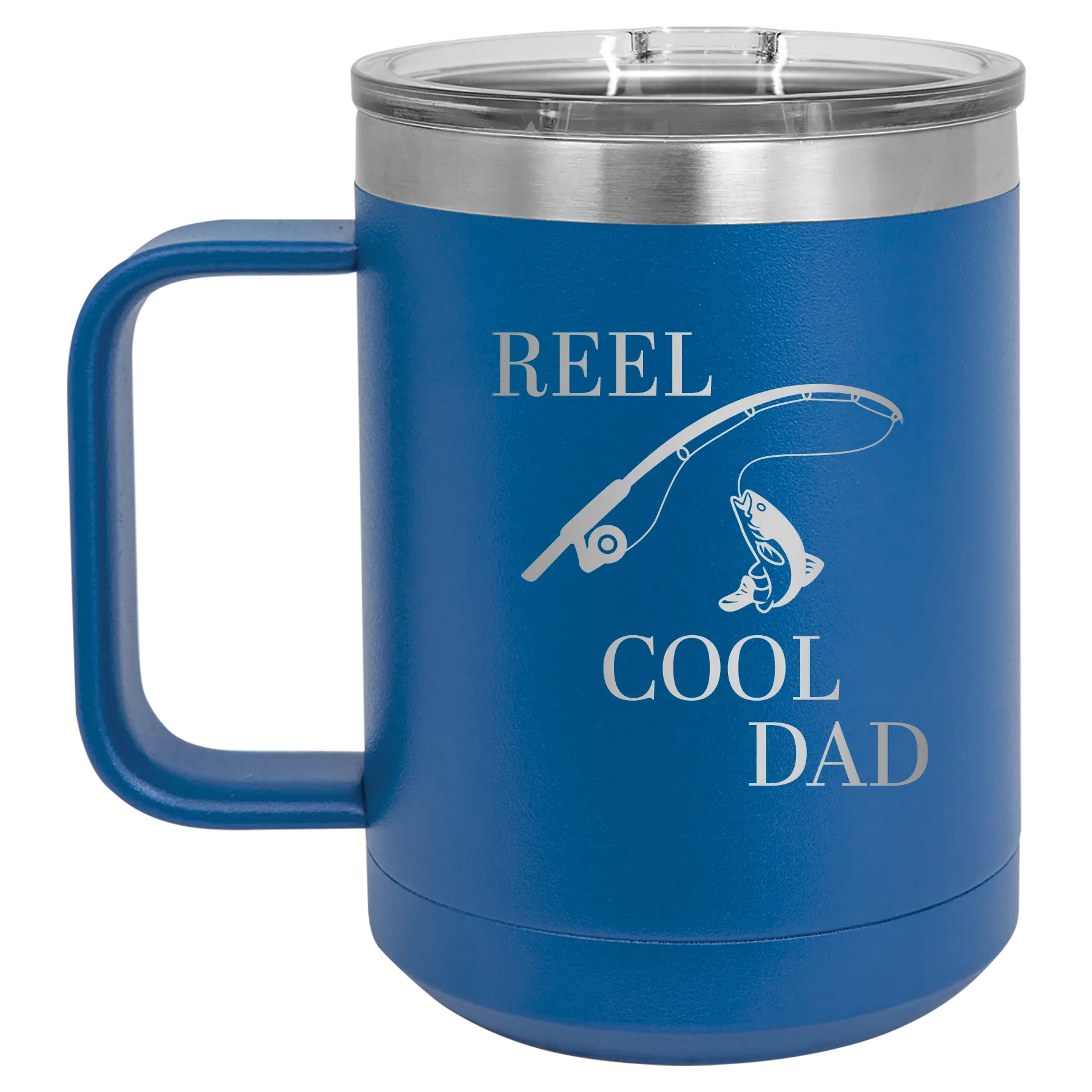 Personalized royal blue 15 oz vacuum insulated coffee mug with etched 'Reel Cool Dad' design