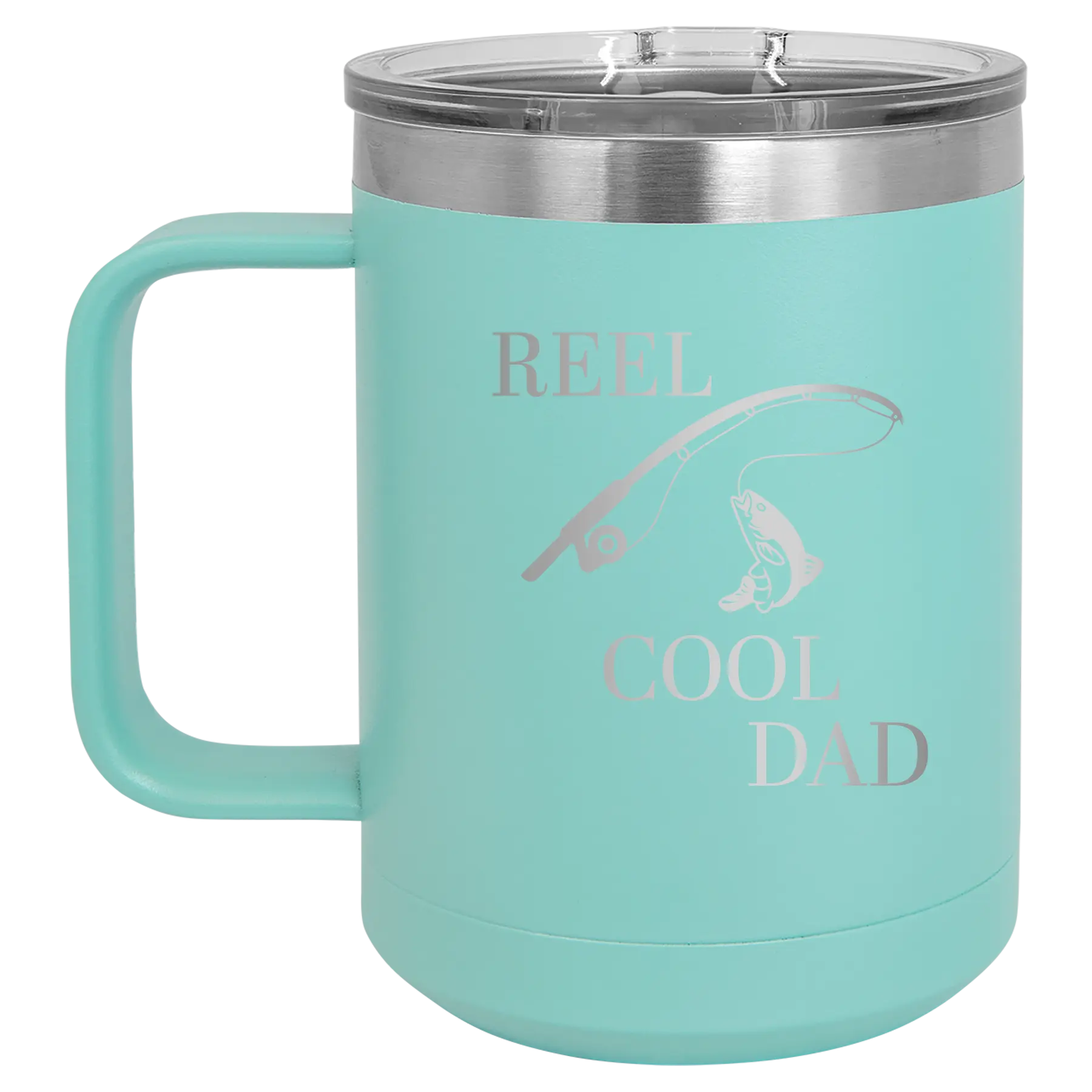 Personalized teal 15 oz vacuum insulated coffee mug with etched 'Reel Cool Dad' design