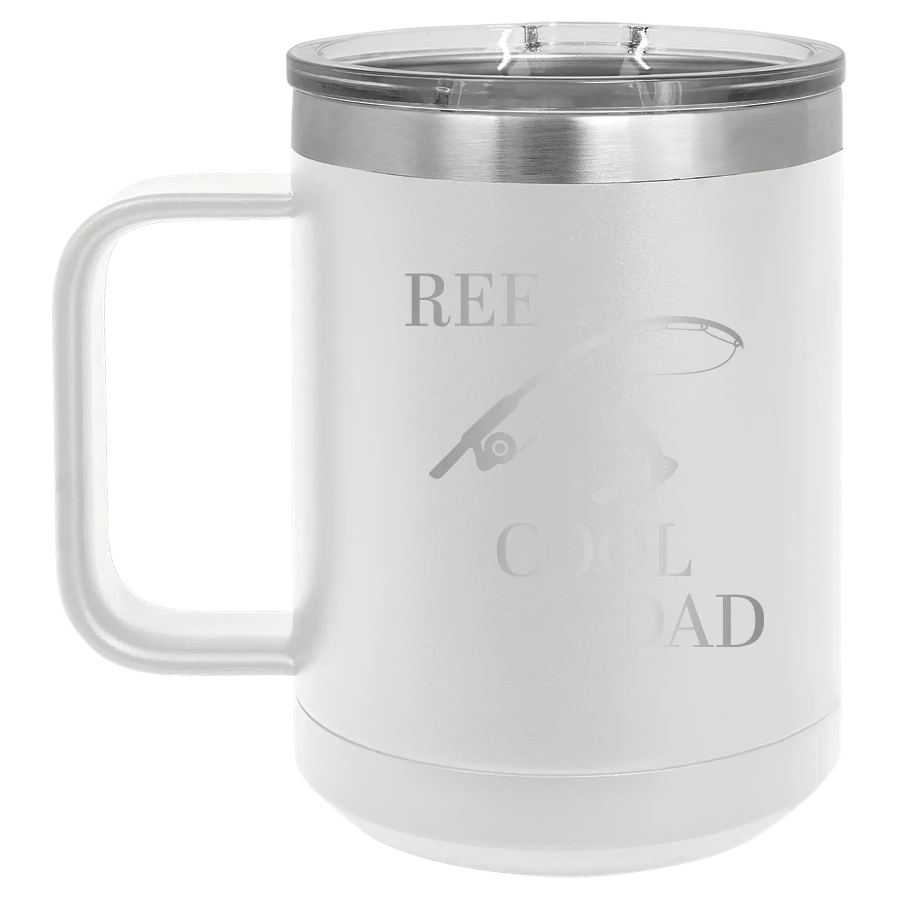 Personalized white 15 oz vacuum insulated coffee mug with etched 'Reel Cool Dad' design