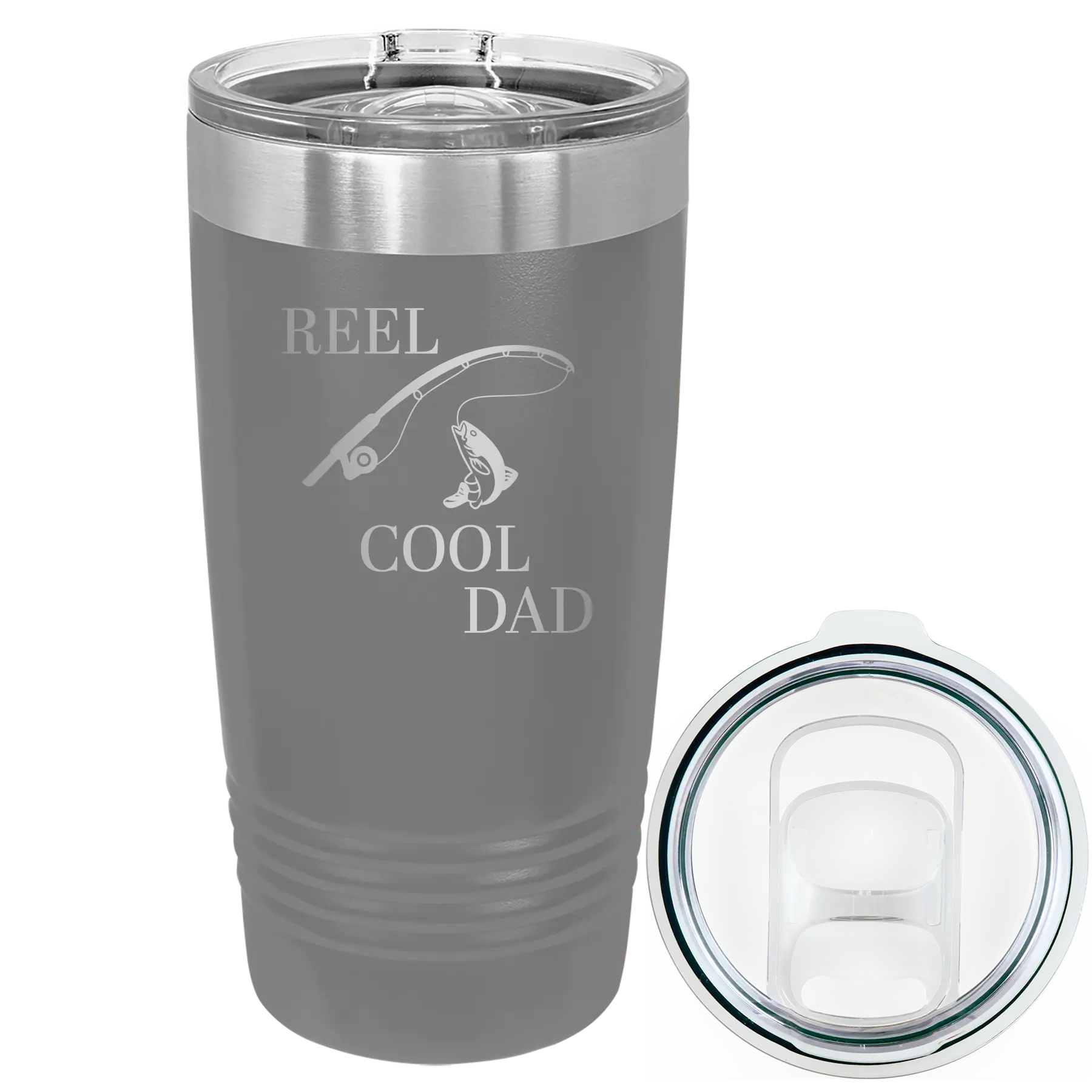Laser etched dark gray 20 oz vacuum insulated tumbler with 'Reel Cool Dad' design