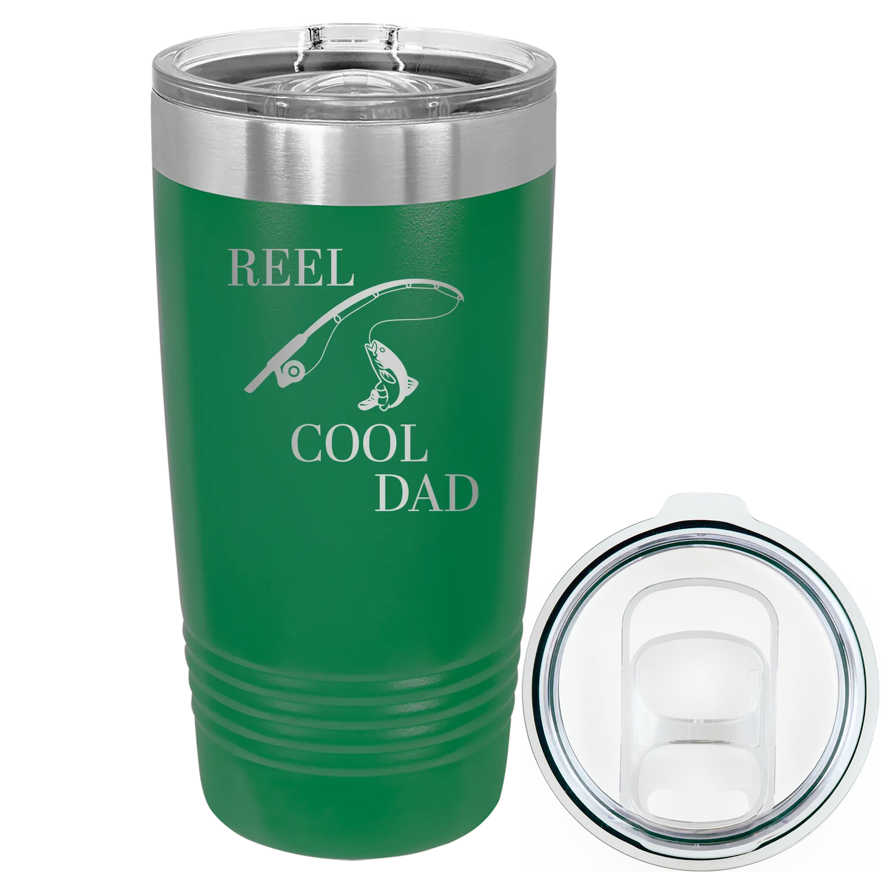 Laser etched green 20 oz vacuum insulated tumbler with 'Reel Cool Dad' design