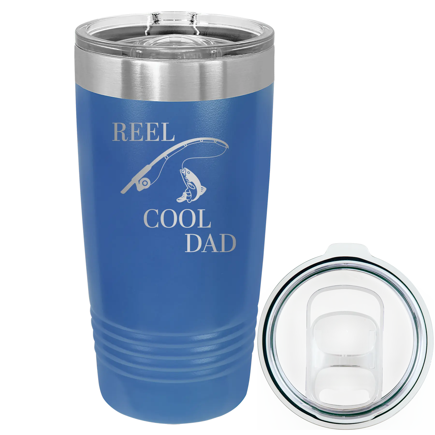 Laser etched royal blue 20 oz vacuum insulated tumbler with 'Reel Cool Dad' design