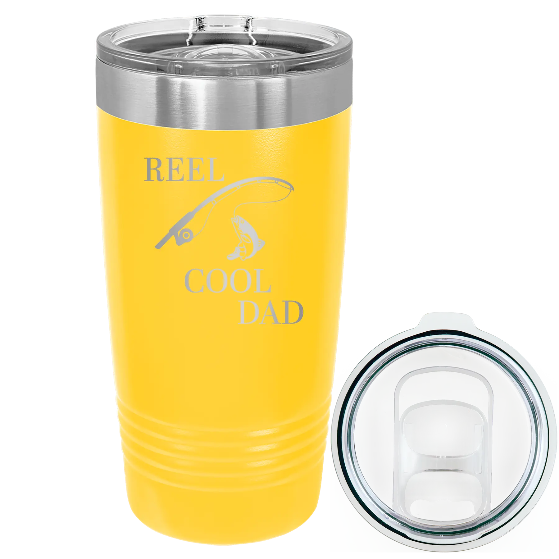 Laser etched yellow 20 oz vacuum insulated tumbler with 'Reel Cool Dad' design