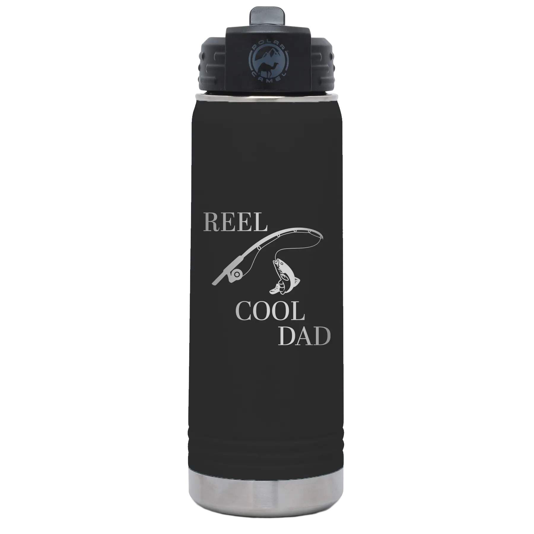 Laser etched black 20 oz vacuum insulated water bottle with 'Reel Cool Dad' design