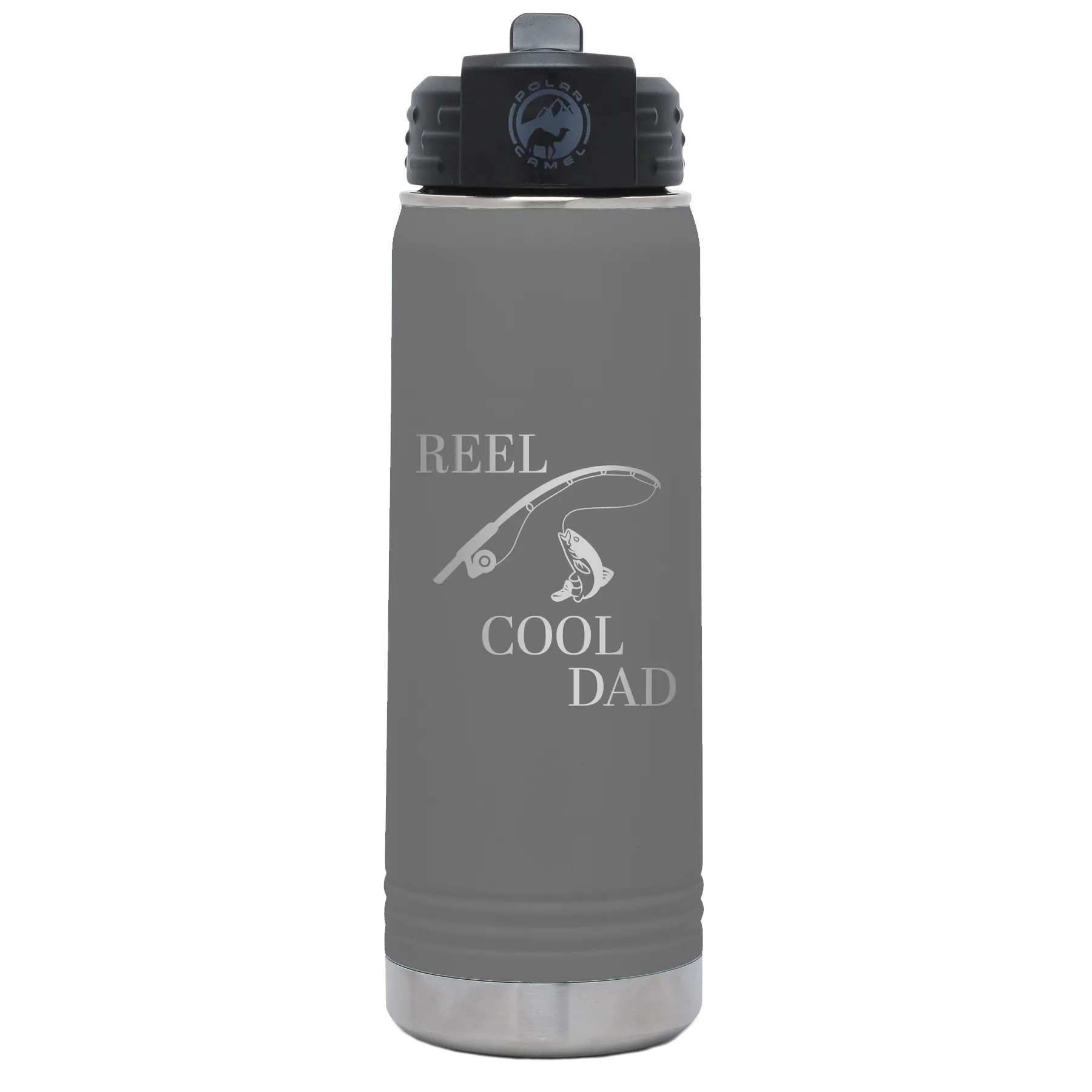 Laser etched dark gray 20 oz vacuum insulated water bottle with 'Reel Cool Dad' design