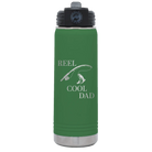 Laser etched green 20 oz vacuum insulated water bottle with 'Reel Cool Dad' design