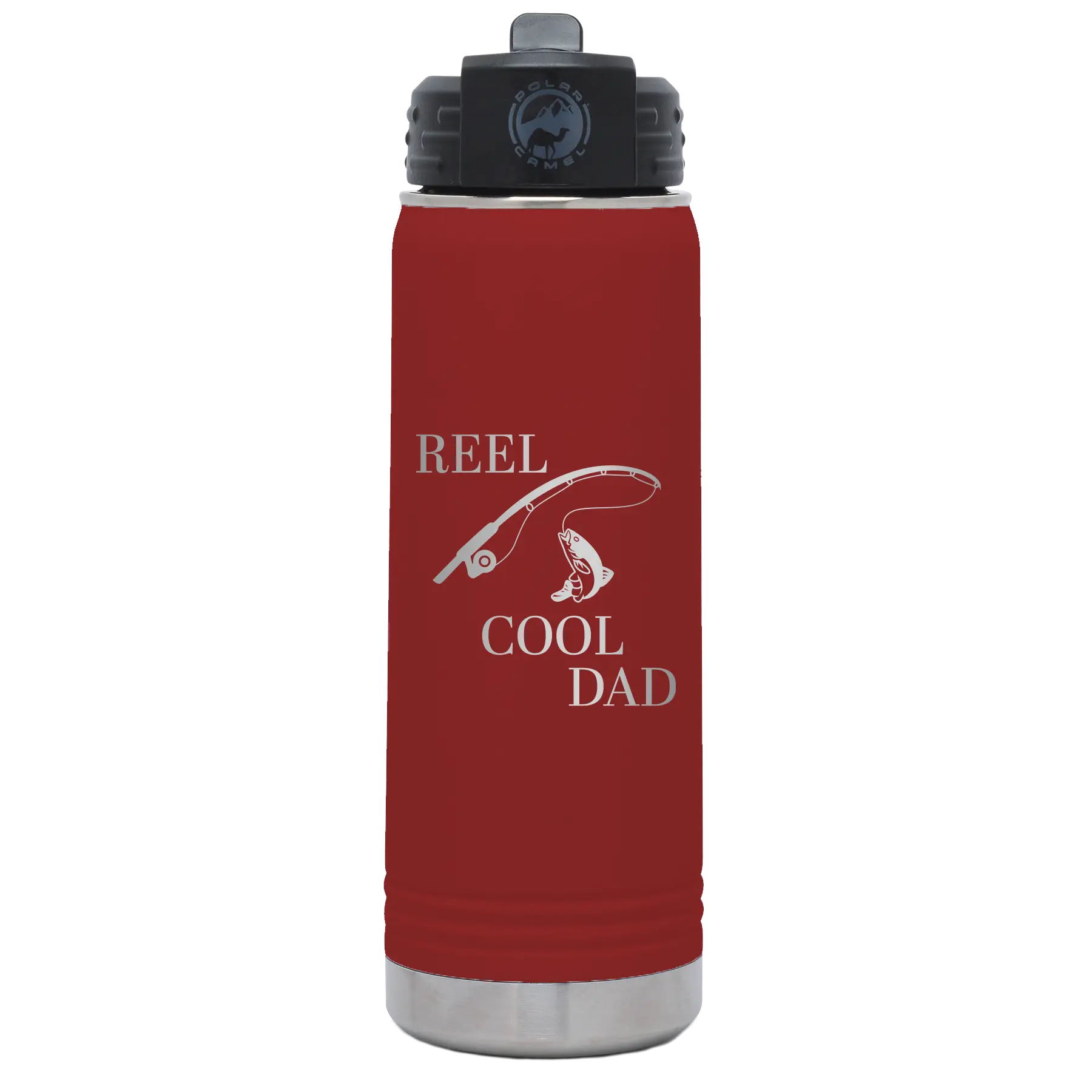 Laser etched maroon 20 oz vacuum insulated water bottle with 'Reel Cool Dad' design