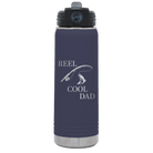 Laser etched navy 20 oz vacuum insulated water bottle with 'Reel Cool Dad' design