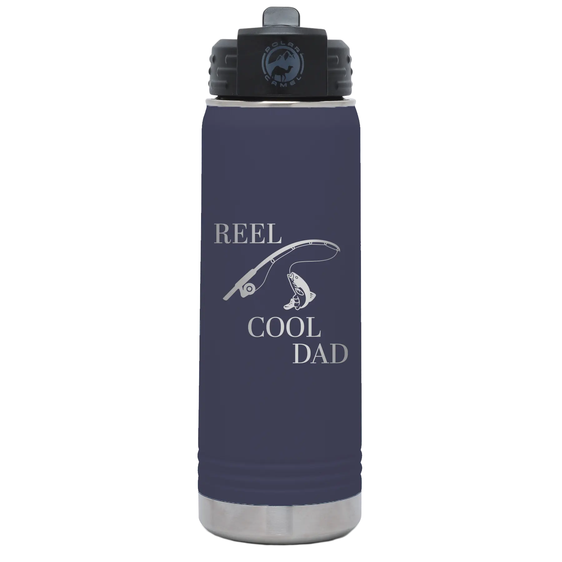 Laser etched navy 20 oz vacuum insulated water bottle with 'Reel Cool Dad' design
