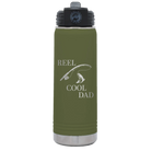 Laser etched olive green 20 oz vacuum insulated water bottle with 'Reel Cool Dad' design
