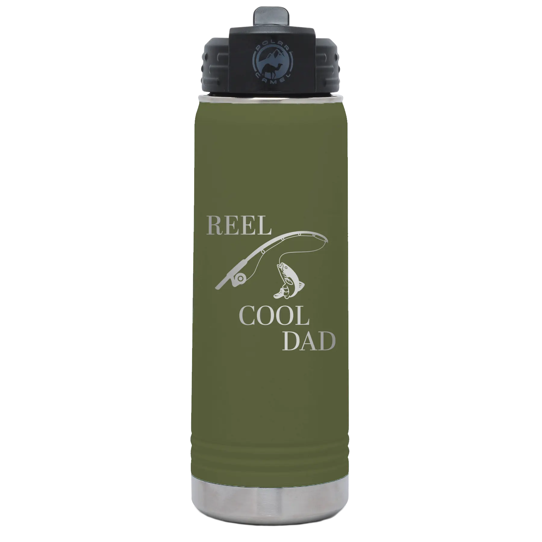 Laser etched olive green 20 oz vacuum insulated water bottle with 'Reel Cool Dad' design