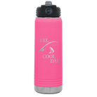 Laser etched pink 20 oz vacuum insulated water bottle with 'Reel Cool Dad' design