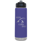 Laser etched purple 20 oz vacuum insulated water bottle with 'Reel Cool Dad' design