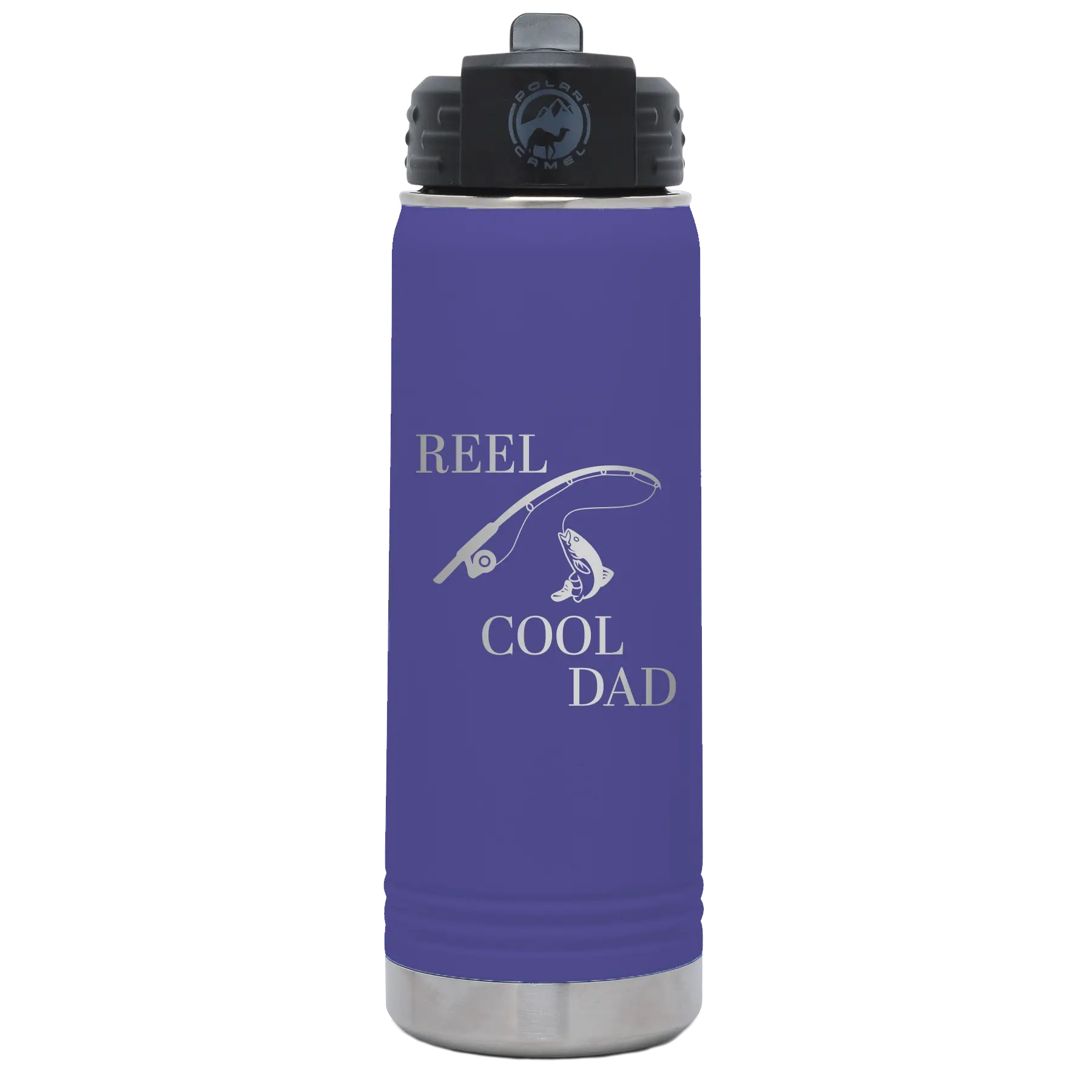 Laser etched purple 20 oz vacuum insulated water bottle with 'Reel Cool Dad' design