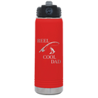 Laser etched red 20 oz vacuum insulated water bottle with 'Reel Cool Dad' design