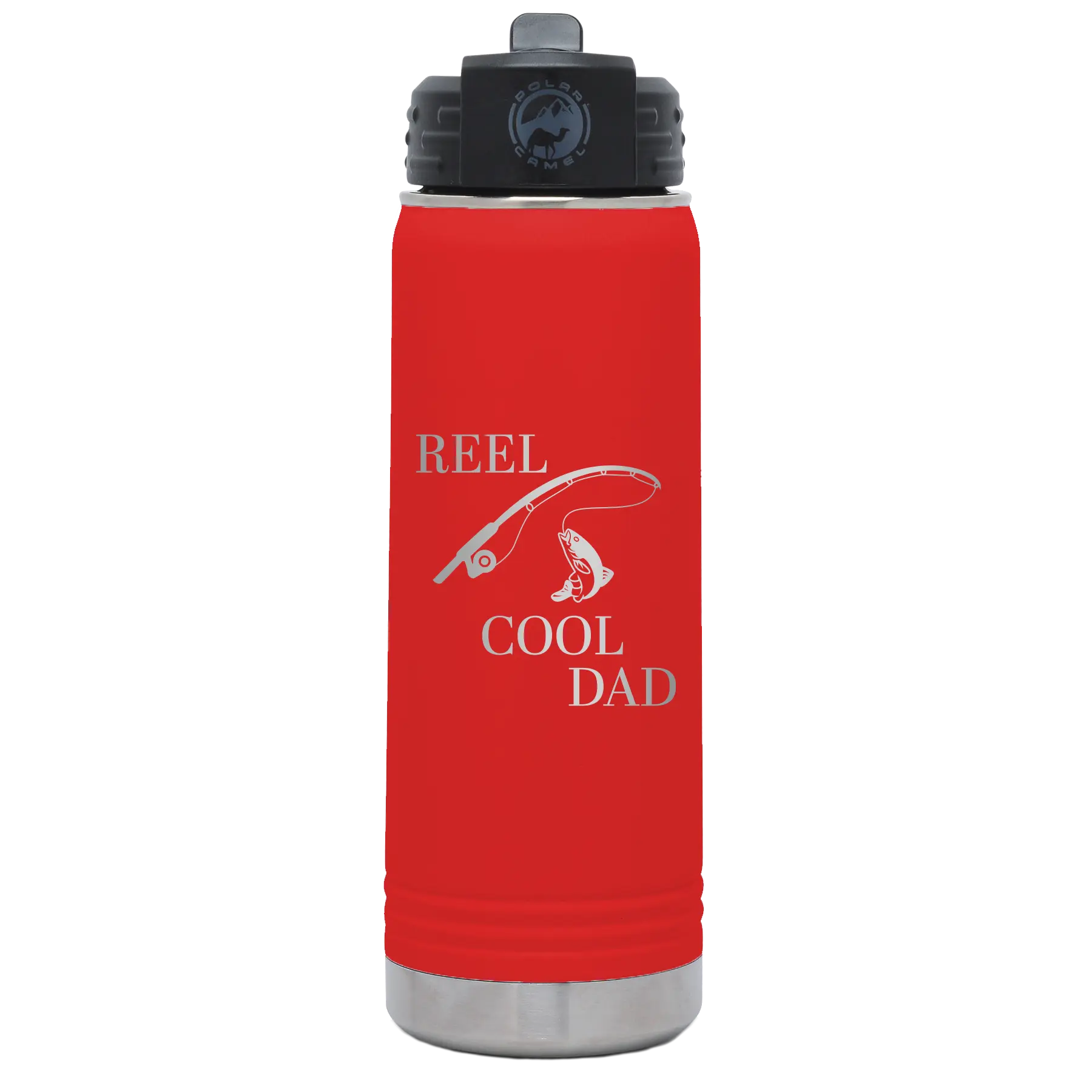 Laser etched red 20 oz vacuum insulated water bottle with 'Reel Cool Dad' design