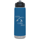 Laser etched royal blue 20 oz vacuum insulated water bottle with 'Reel Cool Dad' design