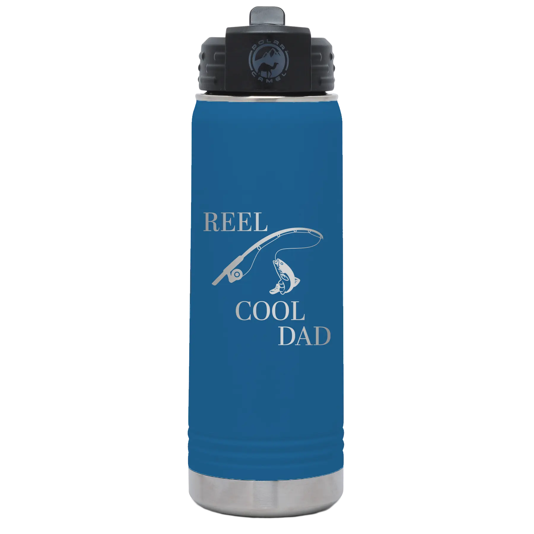 Laser etched royal blue 20 oz vacuum insulated water bottle with 'Reel Cool Dad' design