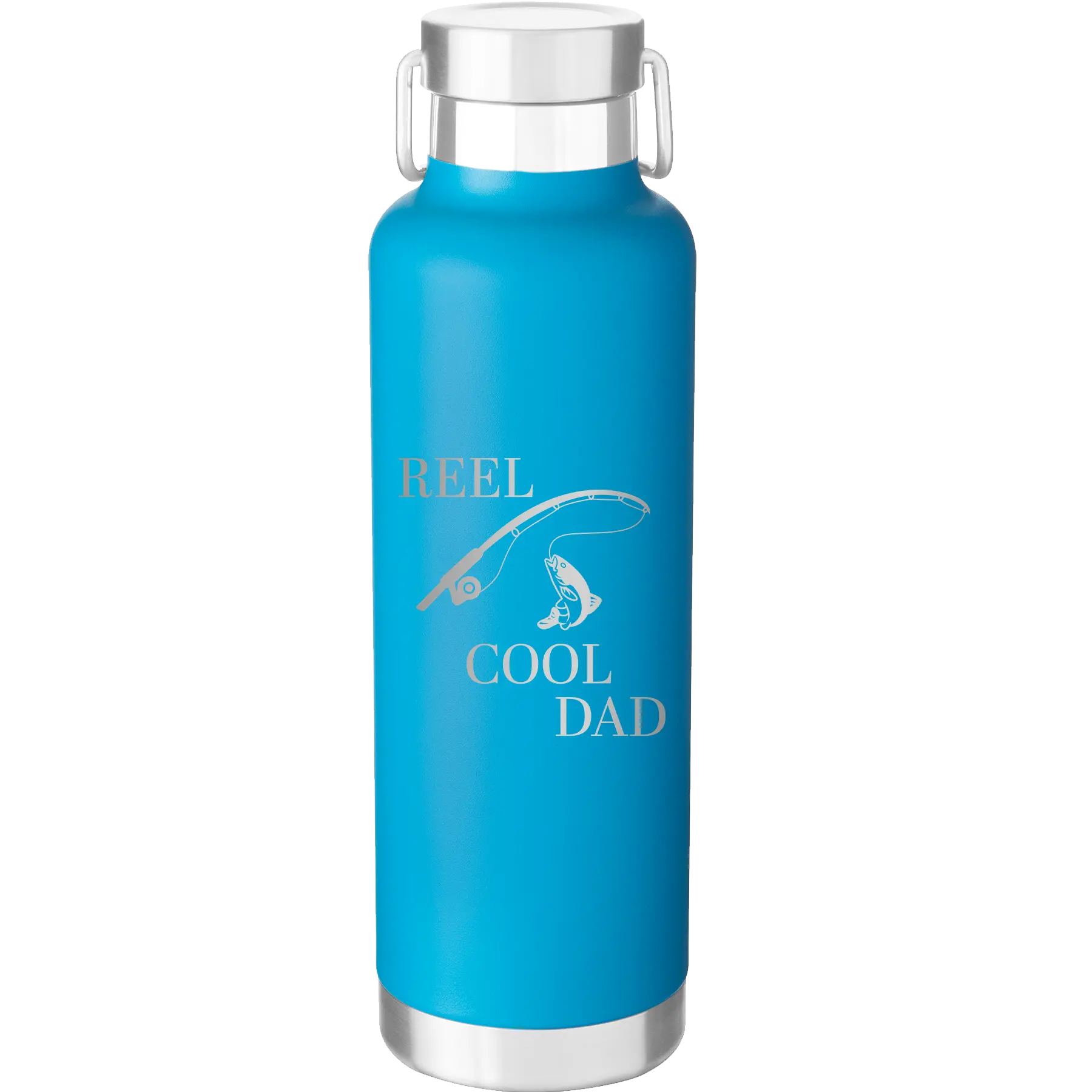 Laser etched aqua 24 oz vacuum insulated water bottle with 'Reel Cool Dad' design