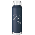 Laser etched navy 24 oz vacuum insulated water bottle with 'Reel Cool Dad' design