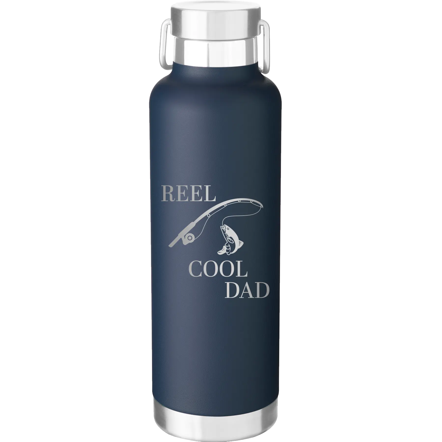 Laser etched navy 24 oz vacuum insulated water bottle with 'Reel Cool Dad' design