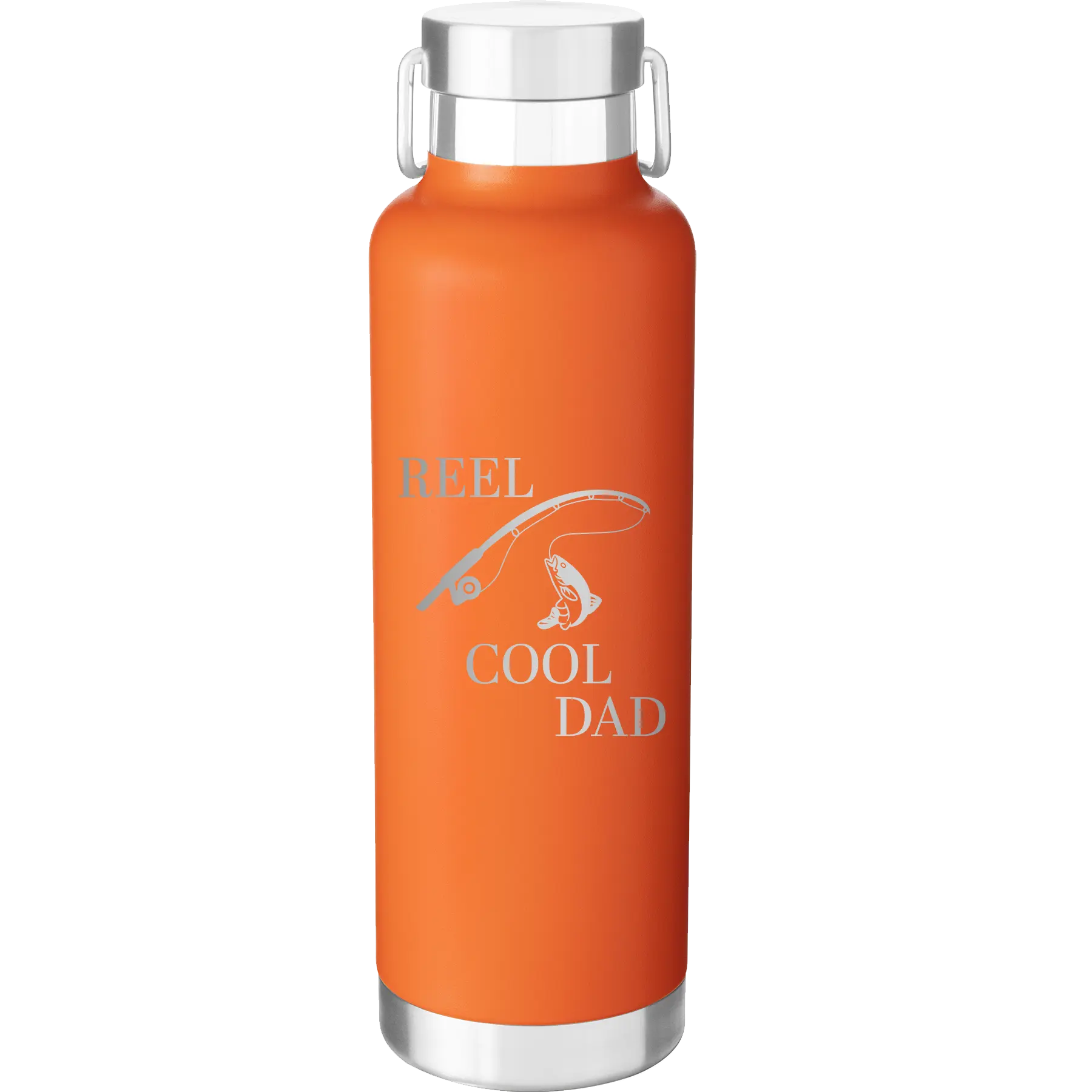 Laser etched orange 24 oz vacuum insulated water bottle with 'Reel Cool Dad' design