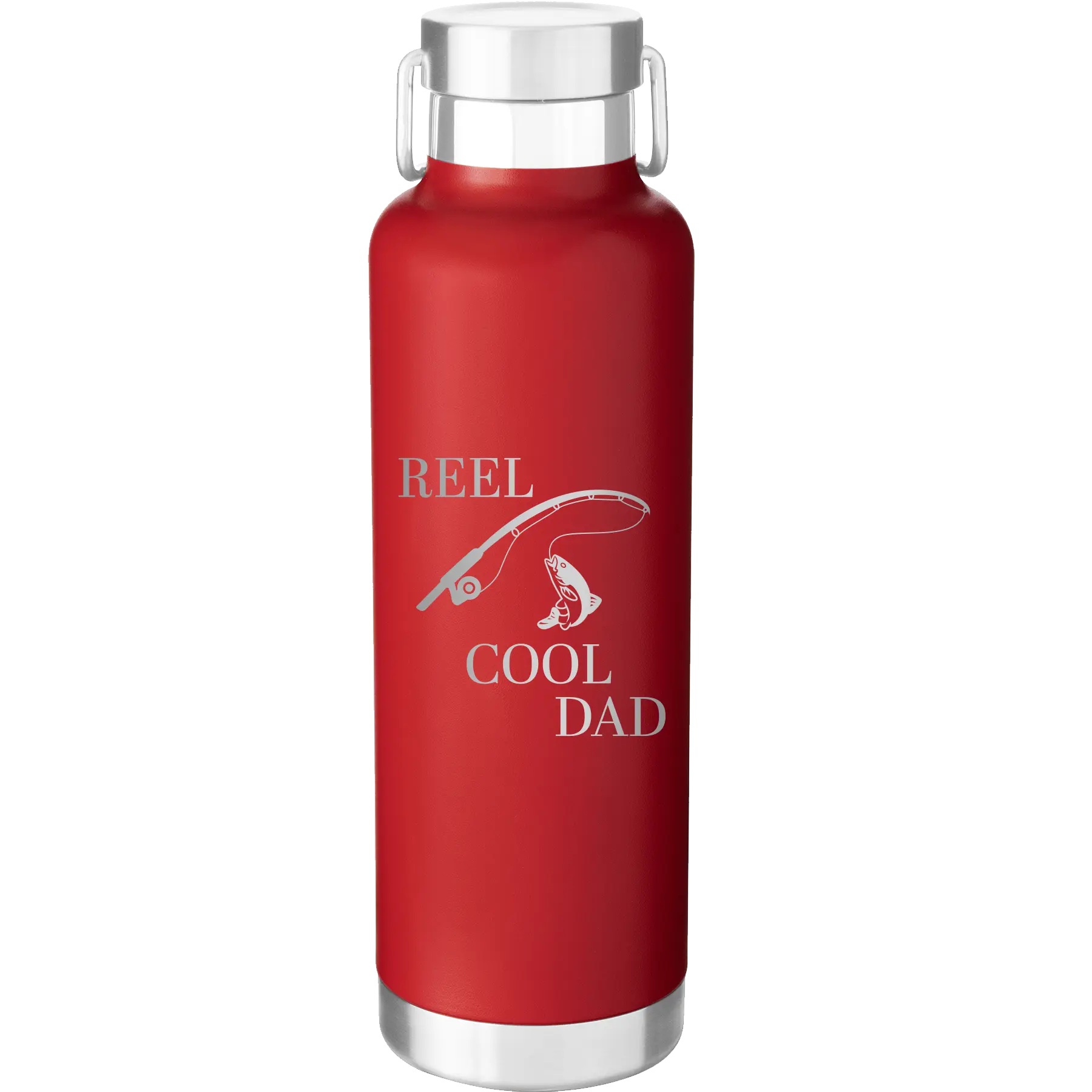Laser etched red 24 oz vacuum insulated water bottle with 'Reel Cool Dad' design