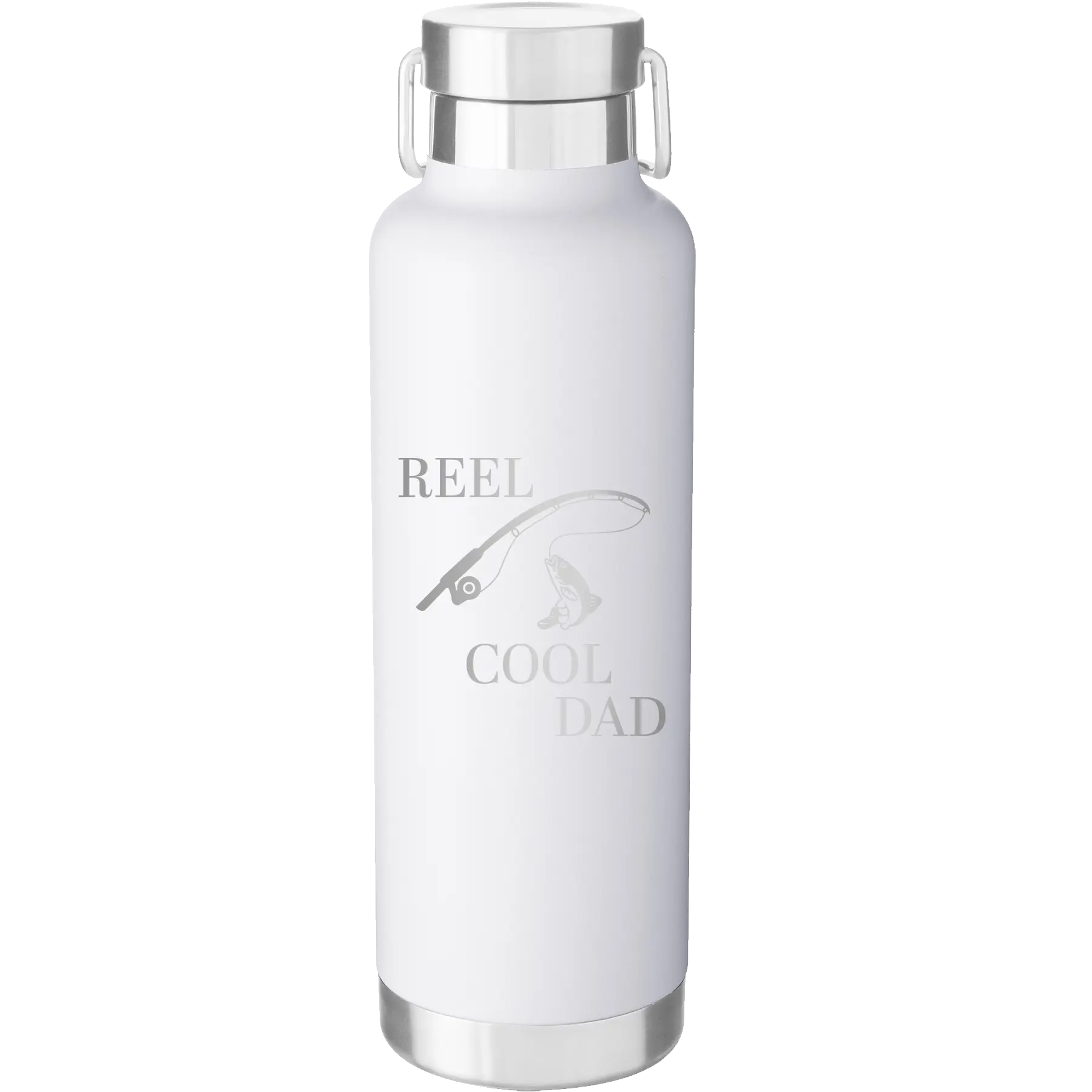 Laser etched white 24 oz vacuum insulated water bottle with 'Reel Cool Dad' design