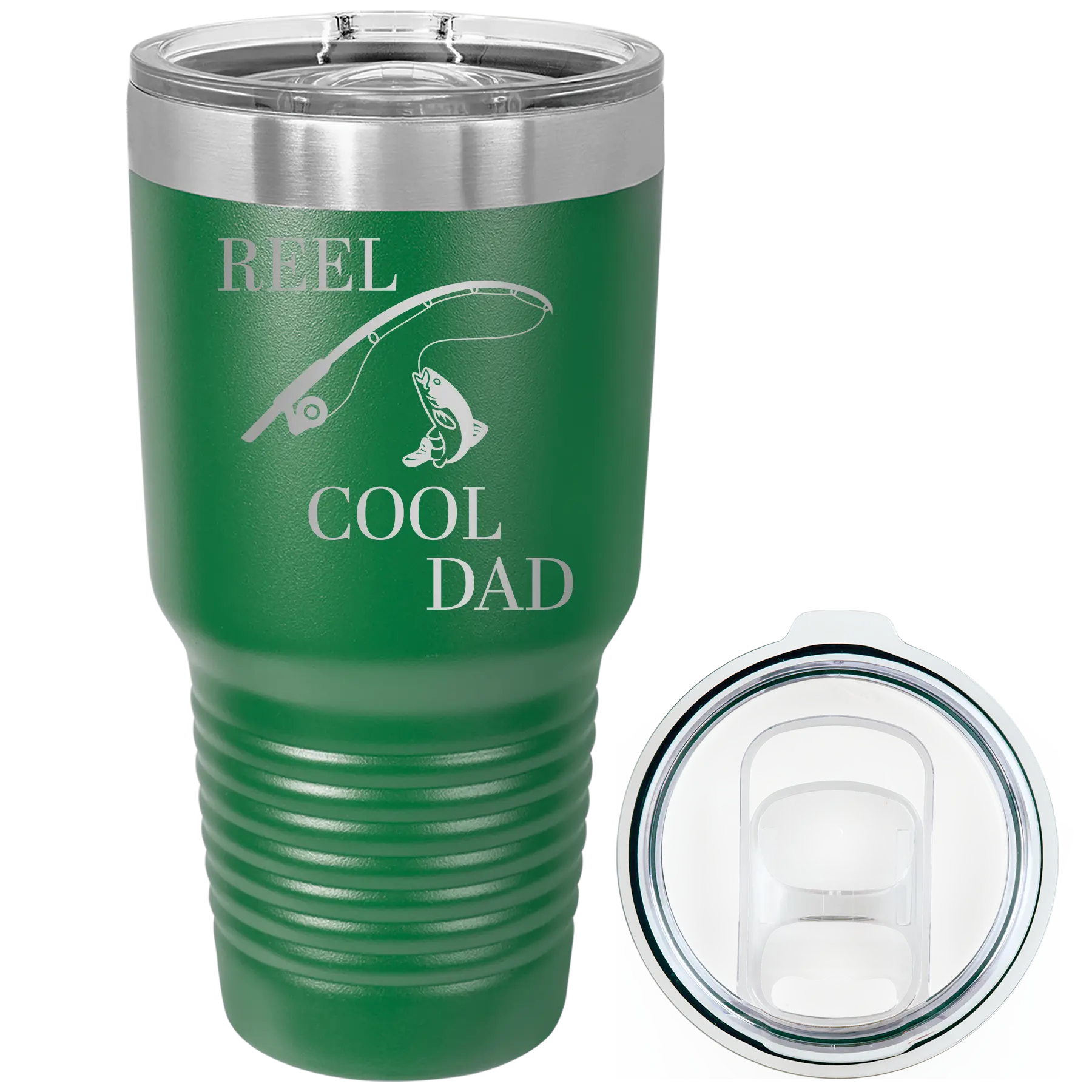 Laser etched green 30 oz vacuum insulated tumbler with 'Reel Cool Dad' design