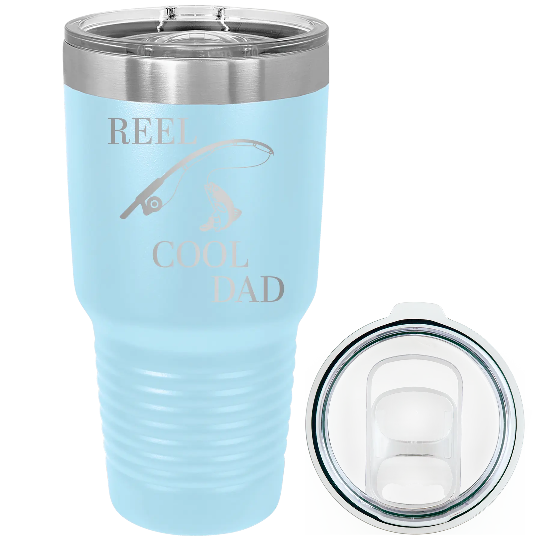Laser etched light blue 30 oz vacuum insulated tumbler with 'Reel Cool Dad' design