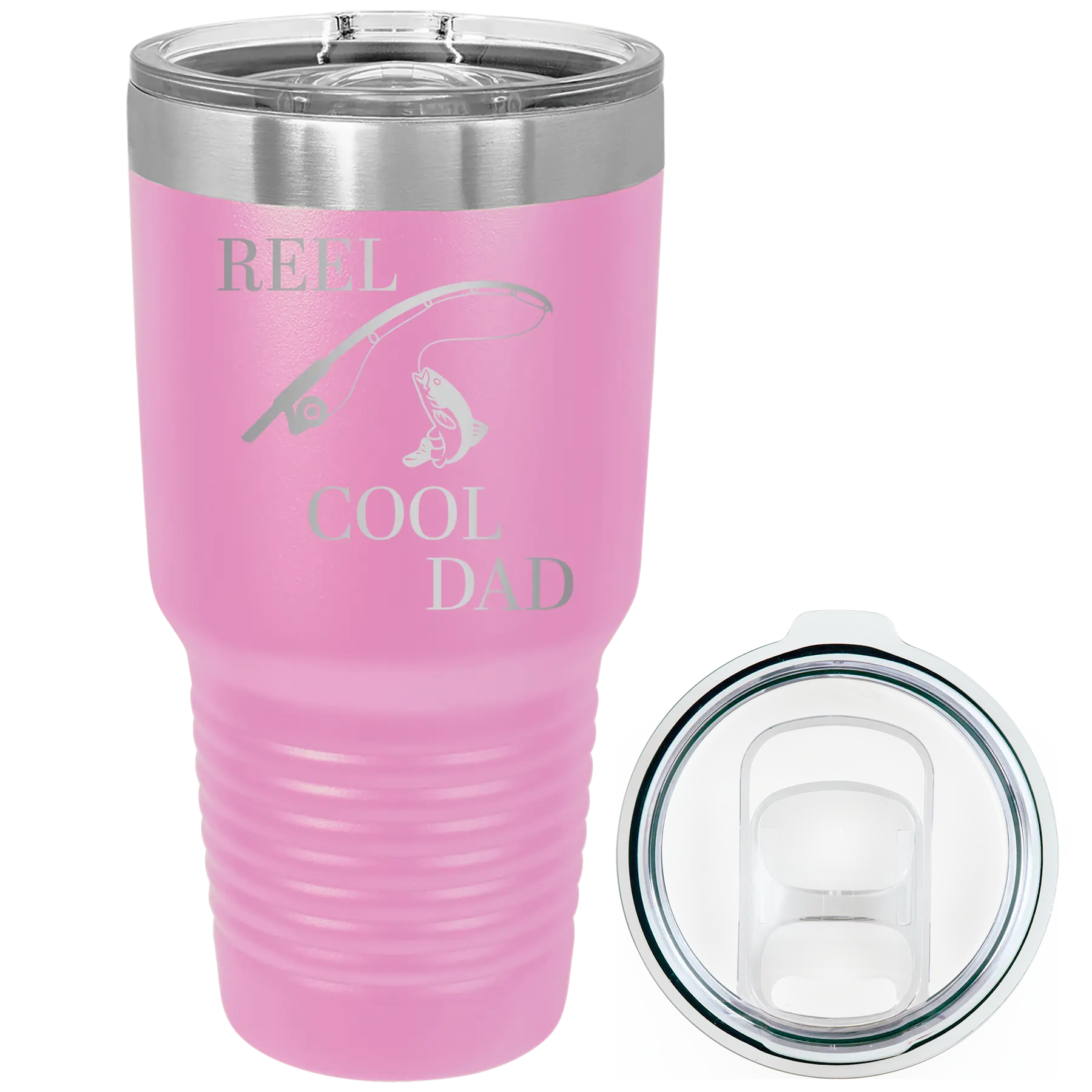 Laser etched light purple 30 oz vacuum insulated tumbler with 'Reel Cool Dad' design