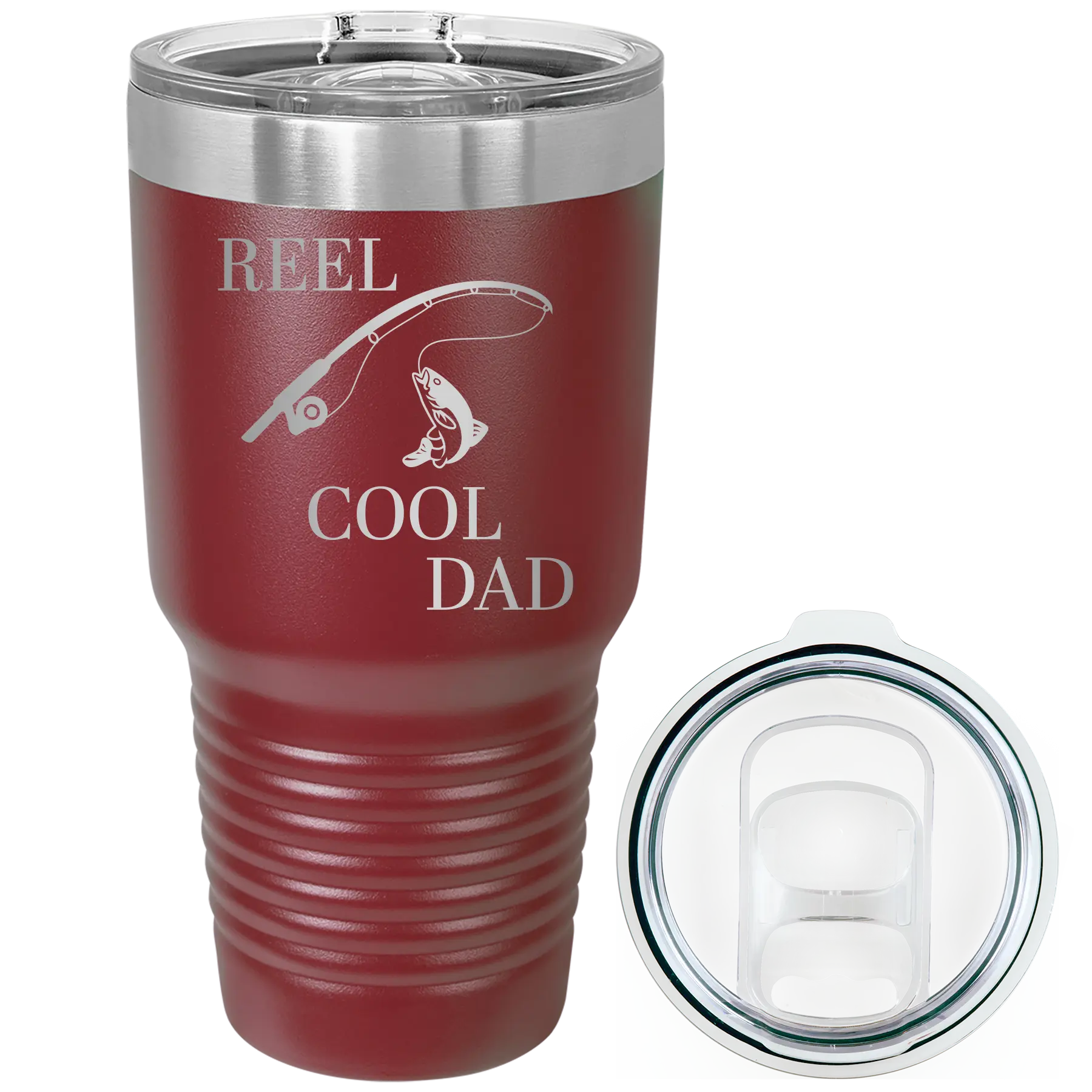 Laser etched maroon 30 oz vacuum insulated tumbler with 'Reel Cool Dad' design
