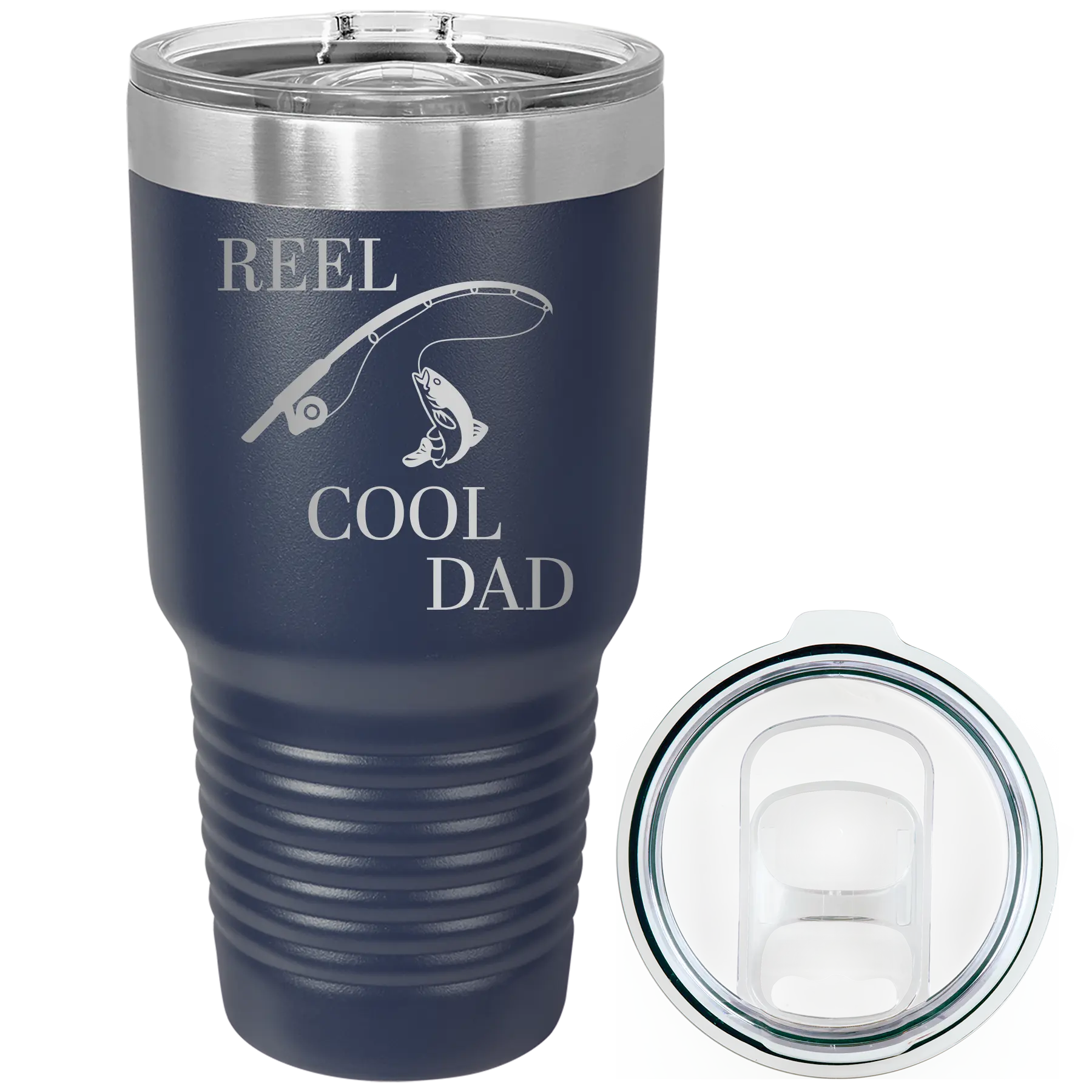 Laser etched navy 30 oz vacuum insulated tumbler with 'Reel Cool Dad' design