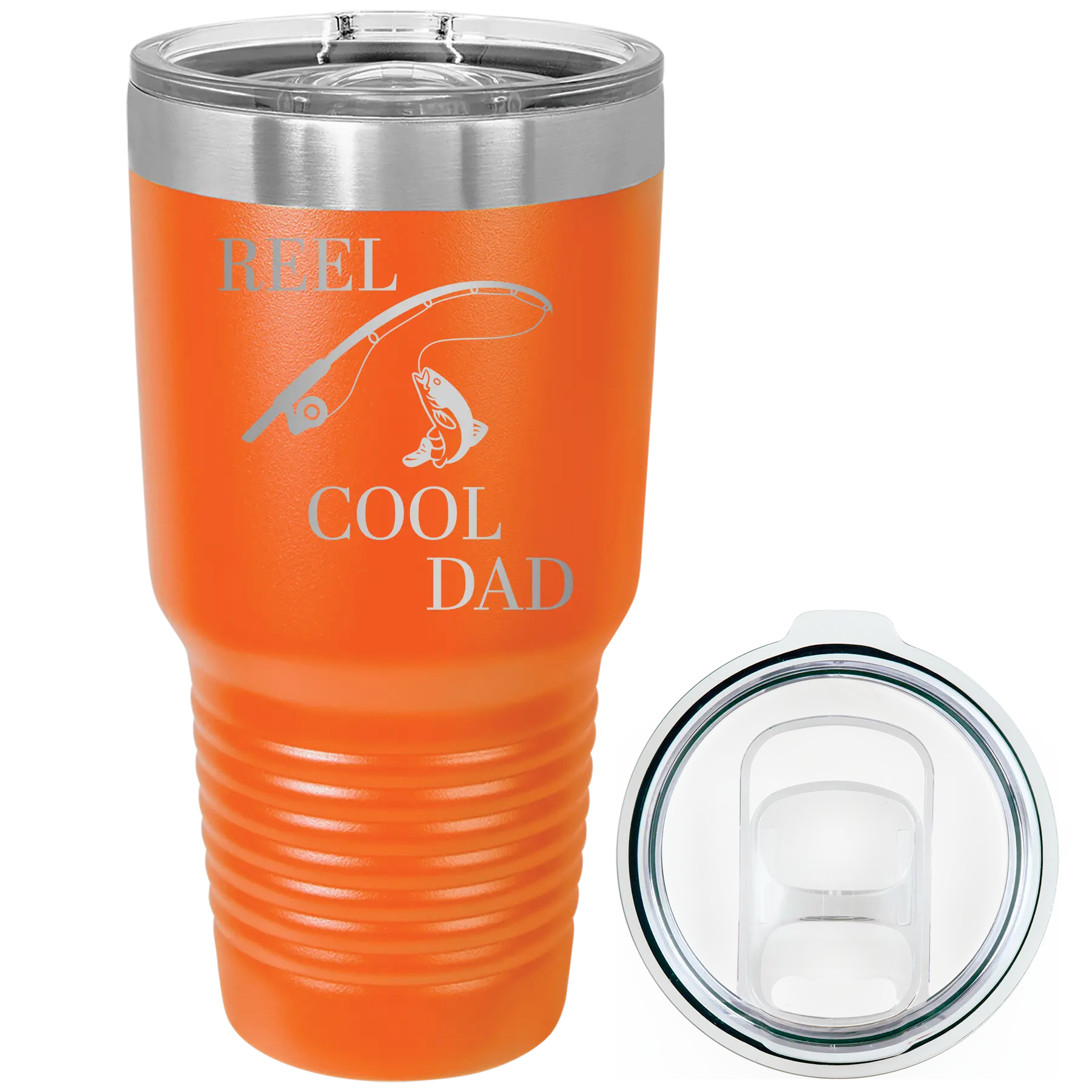 Laser etched orange 30 oz vacuum insulated tumbler with 'Reel Cool Dad' design