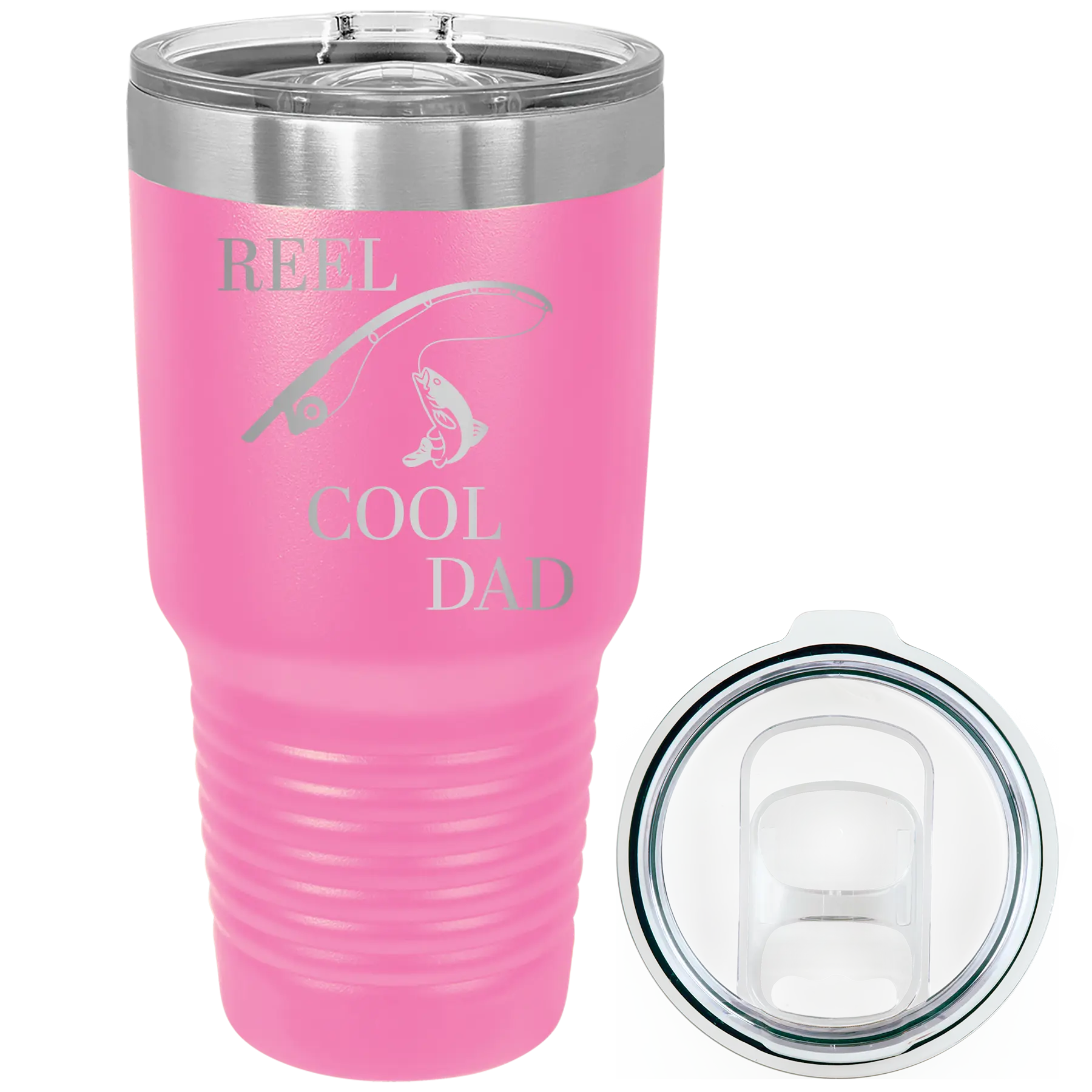 Laser etched pink 30 oz vacuum insulated tumbler with 'Reel Cool Dad' design