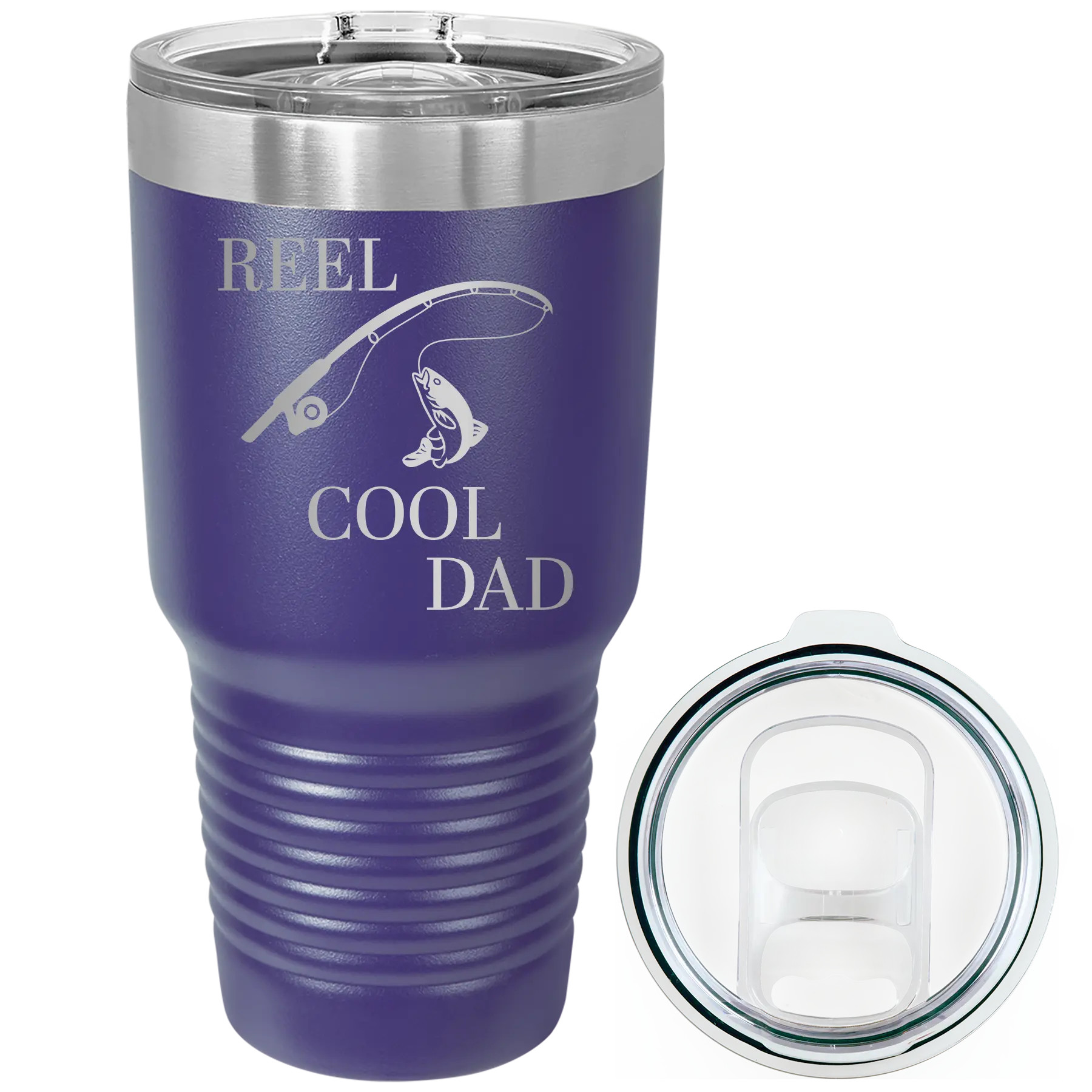 Laser etched purple 30 oz vacuum insulated tumbler with 'Reel Cool Dad' design