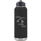 Laser etched black 32 oz vacuum insulated water bottle with 'Reel Cool Dad' design