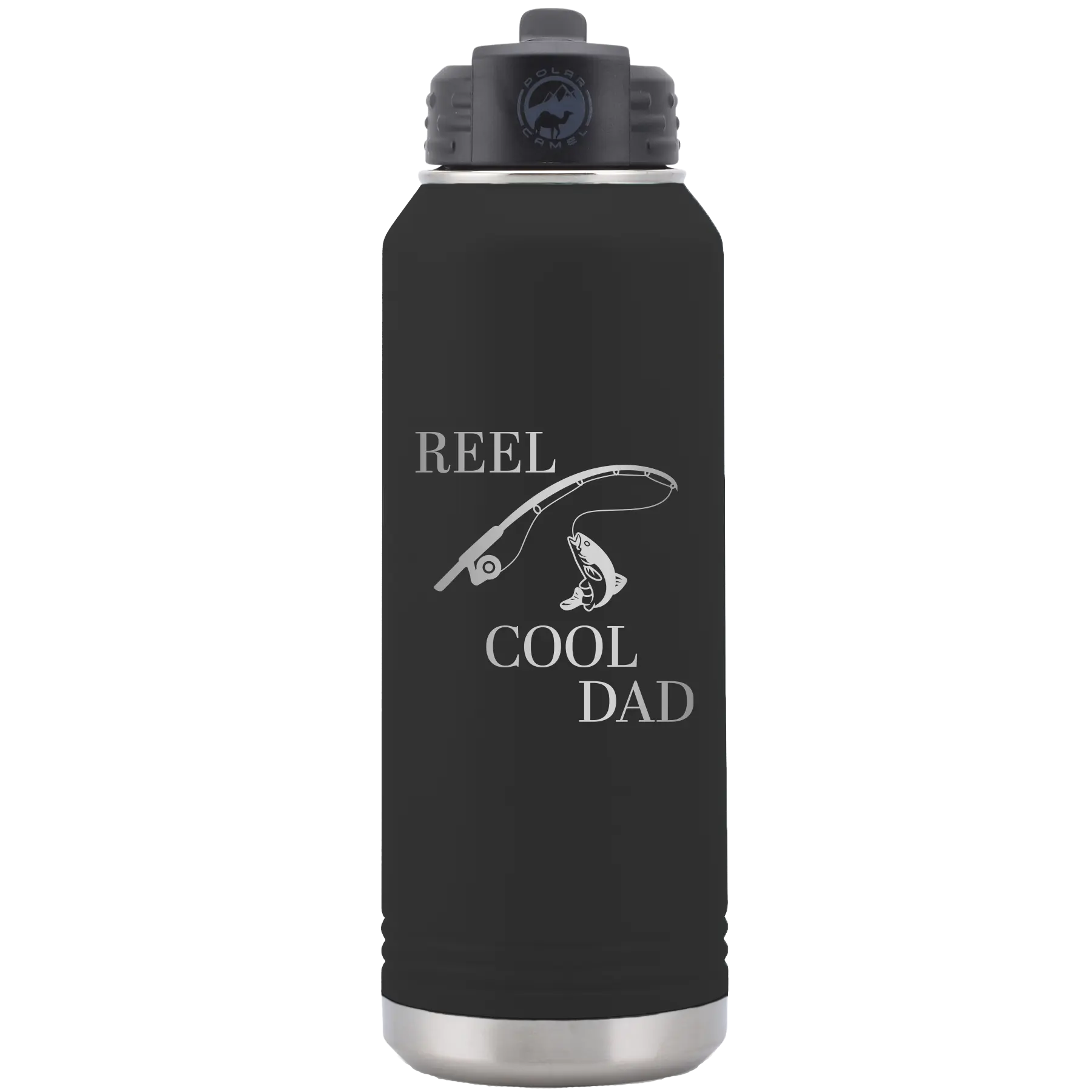 Laser etched black 32 oz vacuum insulated water bottle with 'Reel Cool Dad' design