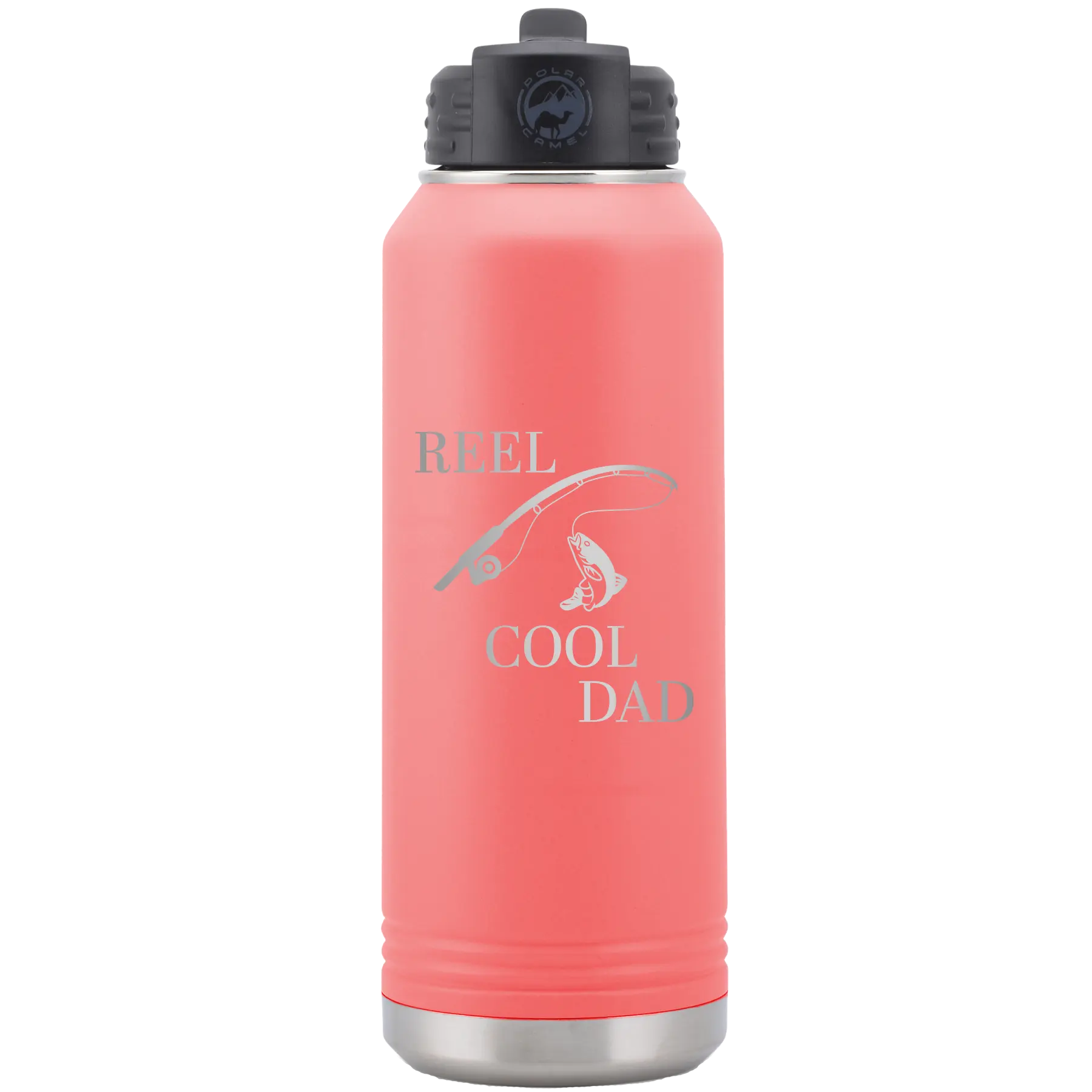 Laser etched coral 32 oz vacuum insulated water bottle with 'Reel Cool Dad' design