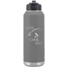 Laser etched dark gray 32 oz vacuum insulated water bottle with 'Reel Cool Dad' design