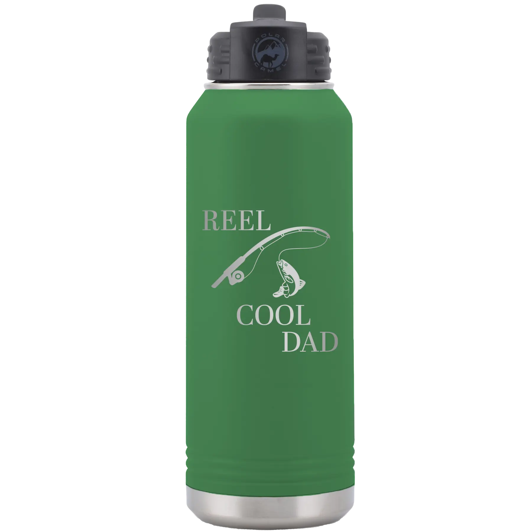 Laser etched green 32 oz vacuum insulated water bottle with 'Reel Cool Dad' design