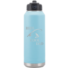 Laser etched light blue 32 oz vacuum insulated water bottle with 'Reel Cool Dad' design