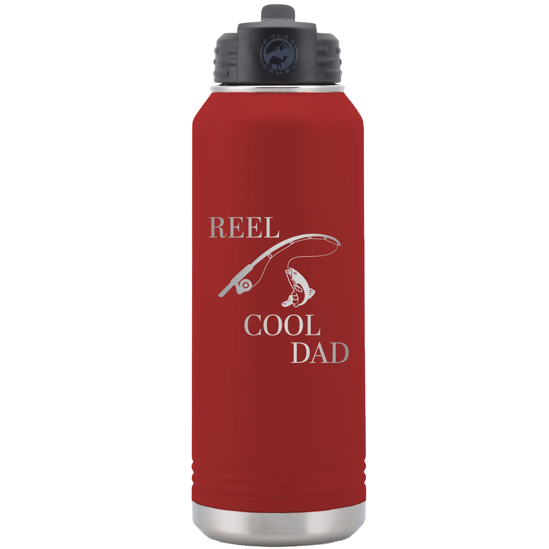 Laser etched maroon 32 oz vacuum insulated water bottle with 'Reel Cool Dad' design