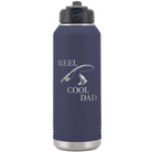 Laser etched navy 32 oz vacuum insulated water bottle with 'Reel Cool Dad' design