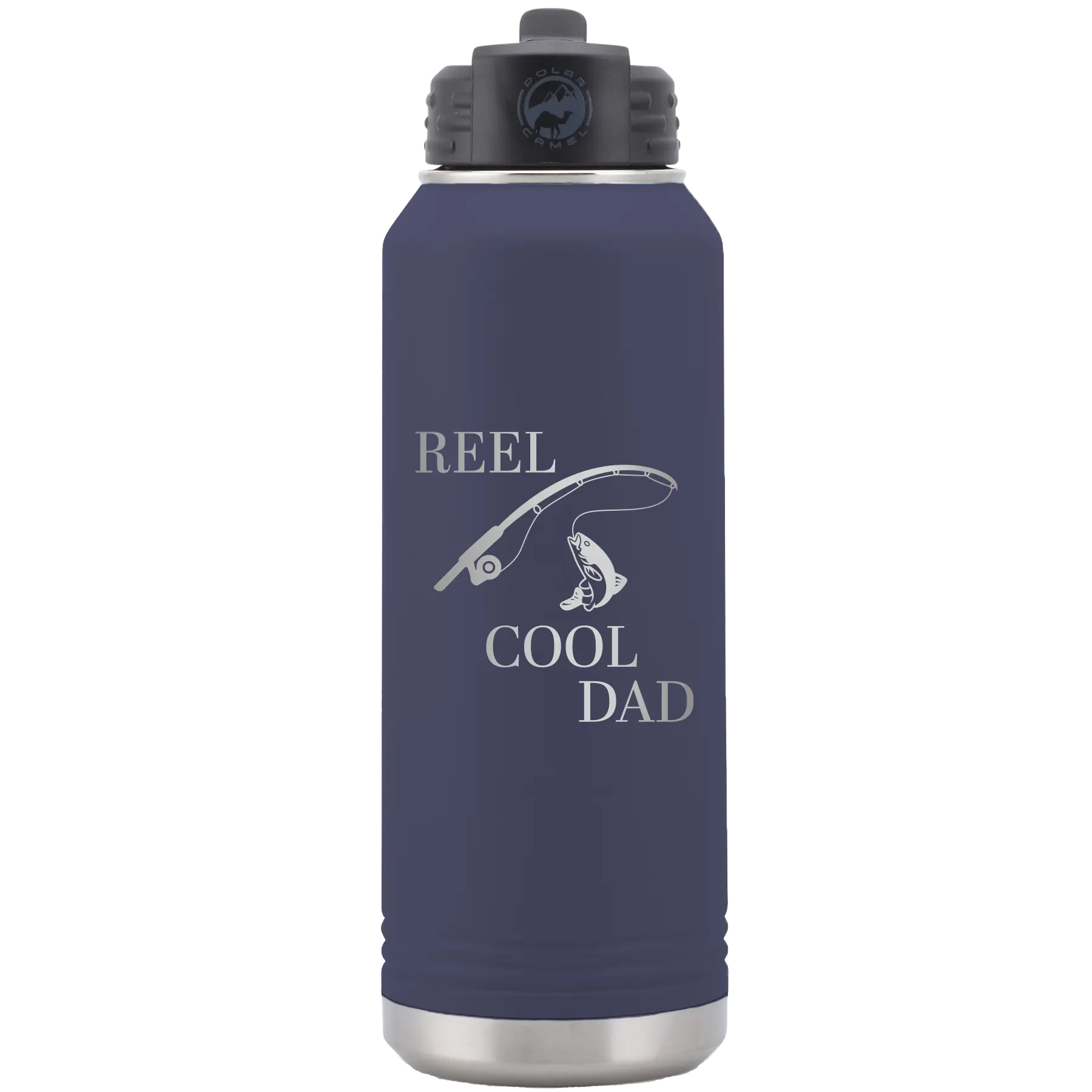 Laser etched navy 32 oz vacuum insulated water bottle with 'Reel Cool Dad' design