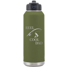 Laser etched olive green 32 oz vacuum insulated water bottle with 'Reel Cool Dad' design