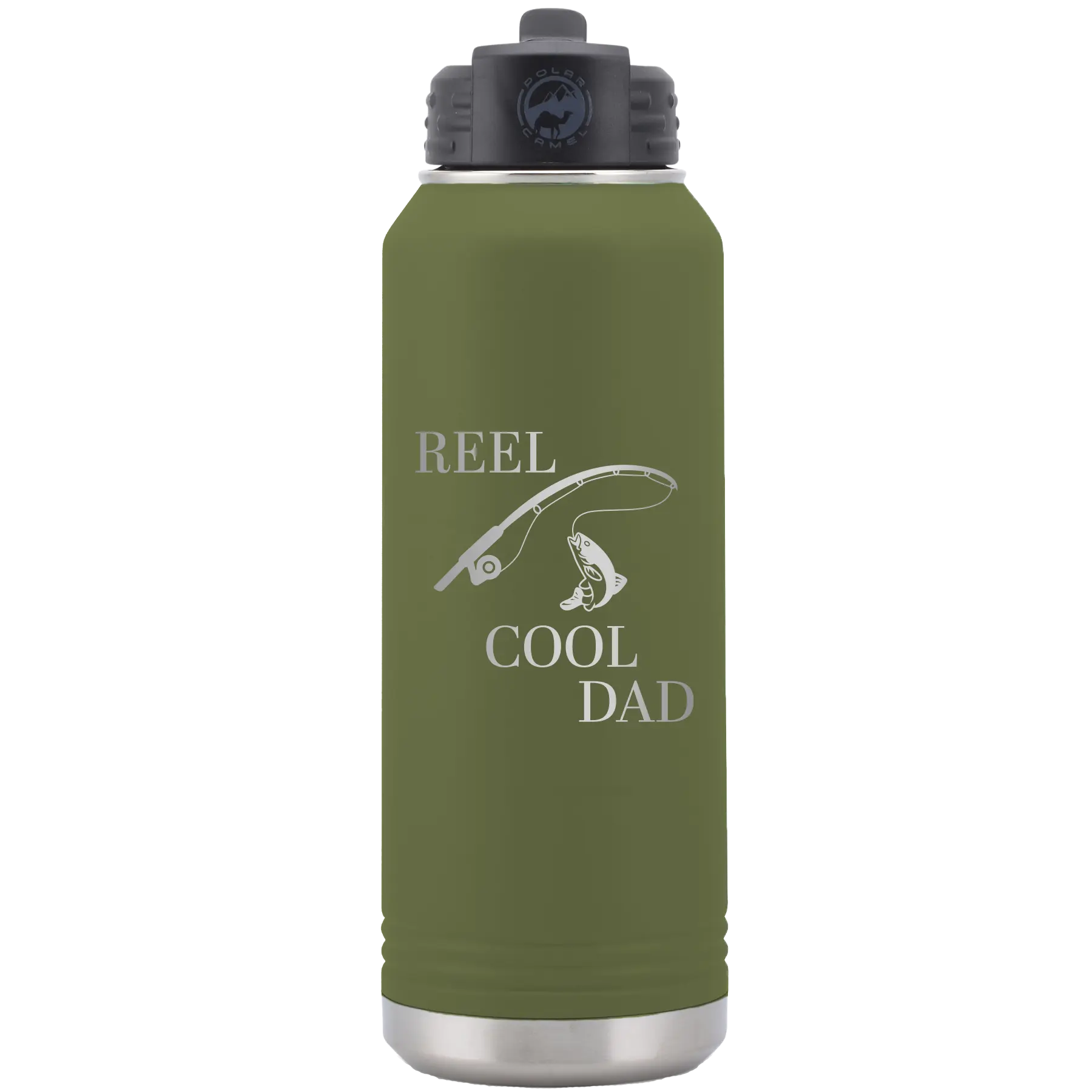 Laser etched olive green 32 oz vacuum insulated water bottle with 'Reel Cool Dad' design