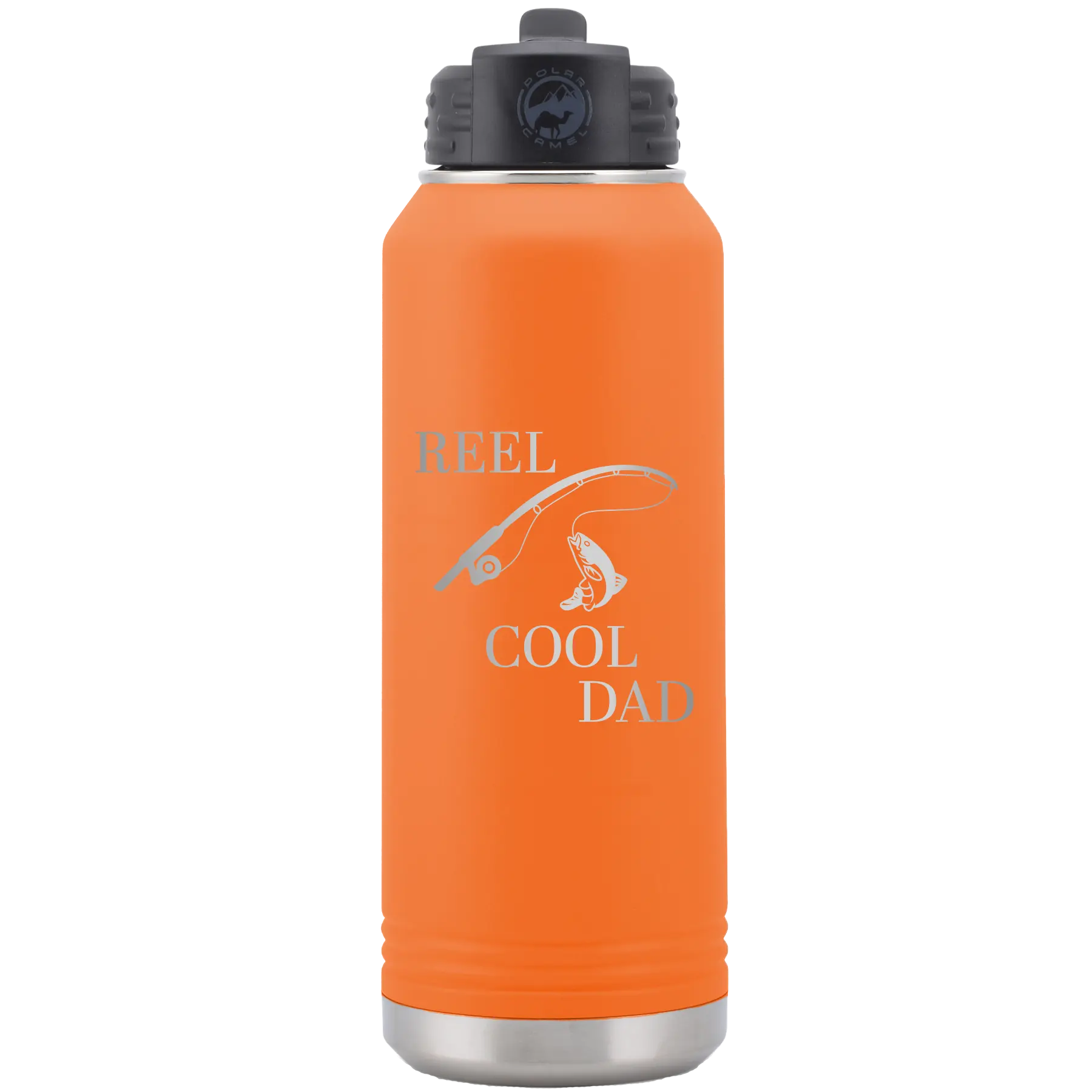 Laser etched orange 32 oz vacuum insulated water bottle with 'Reel Cool Dad' design